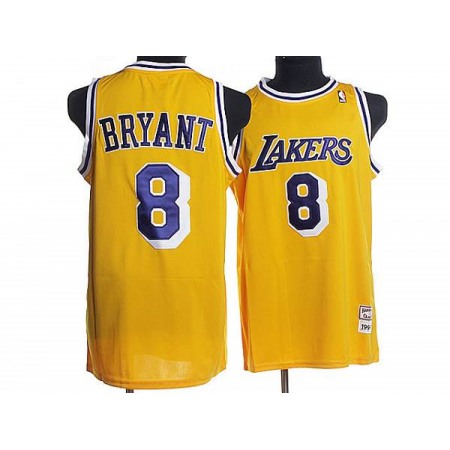 Mitchell and Ness Lakers #8 Kobe Bryant Stitched Yellow Purple Letter Throwback NBA Jersey
