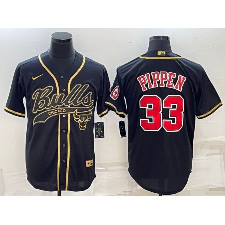 Men's Chicago Bulls #33 Scottie Pippen Black Gold With Patch Cool Base Stitched Baseball Jersey