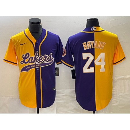 Men's Los Angeles Lakers Front #8 Back #24 Kobe Bryant Gold/Purple Split Cool Base Stitched Baseball Jersey