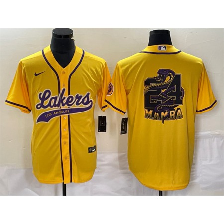 Men's Los Angeles Lakers Gold #24 Mamba Big Logo Cool Base Stitched Baseball Jersey