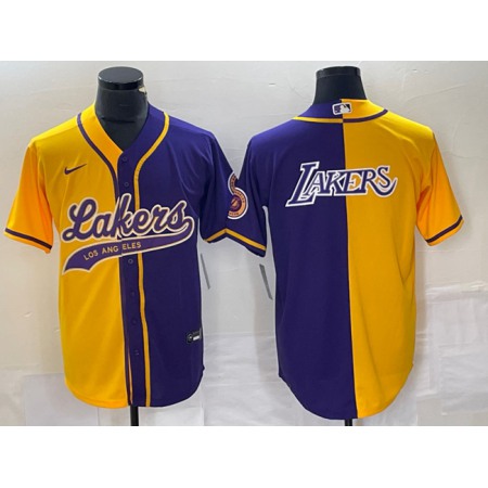 Men's Los Angeles Lakers Gold/Purple Split Team Big Logo Cool Base Stitched Baseball Jersey