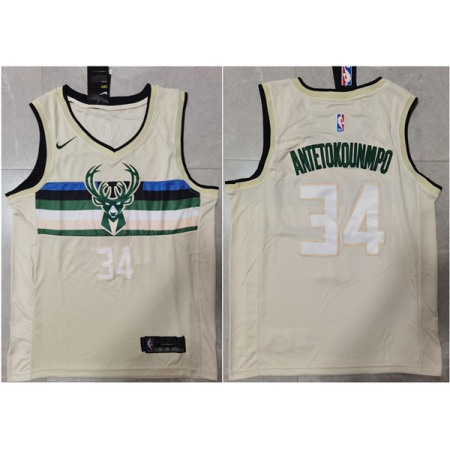 Men's Milwaukee Bucks #34 Giannis Antetokounmpo Cream Stitched Jersey