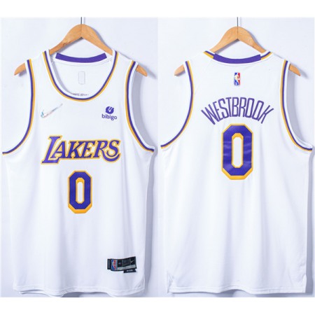 Men's Los Angeles Lakers #0 Russell Westbrook 75th Anniversary "bibigo" White Stitched Basketball Jersey