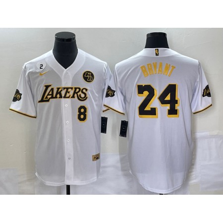 Men's Los Angeles Lakers Front #8 Back #24 Kobe Bryant With NO.2 And KB Patch White Cool Base Stitched Baseball Jersey