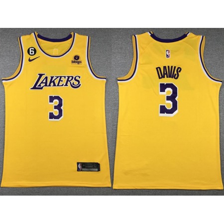 Men's Los Angeles Lakers #3 Anthony Davis Yellow Edition With NO.6 Patch Stitched Basketball Jersey 001