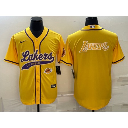 Men's Los Angeles Lakers Yellow Big Logo With Patch Cool Base Stitched Baseball Jersey