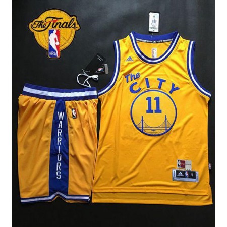 Warriors #11 Klay Thompson Gold Throwback The City A Set The Finals Patch Stitched NBA Jersey