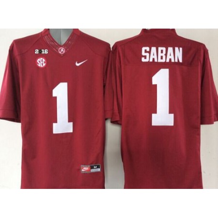Crimson Tide #1 Nick Saban Red 2016 College Football Playoff National Championship Patch Stitched NCAA Jersey