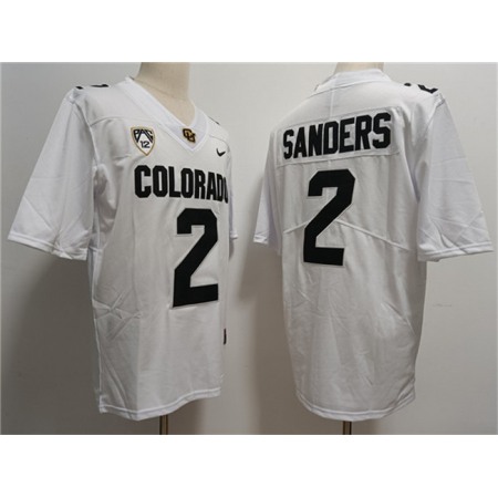 Men's Colorado Buffaloes #2 Shedeur Sanders White With PAC-12 Patch Stitched Football Jersey