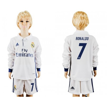 Real Madrid #7 Ronaldo Home Long Sleeves Kid Soccer Club Jersey