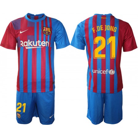 Men's Barcelona #21 Frenkie de Jong 2021/22 Red Home Soccer Jersey Suit