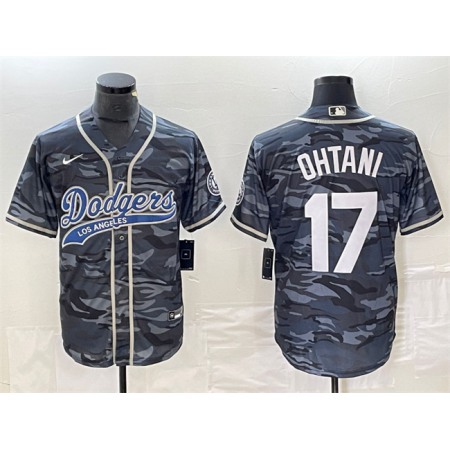 Men's Los Angeles Dodgers #17 Shohei Ohtani Gray Camo Cool Base With Patch Stitched Baseball Jersey