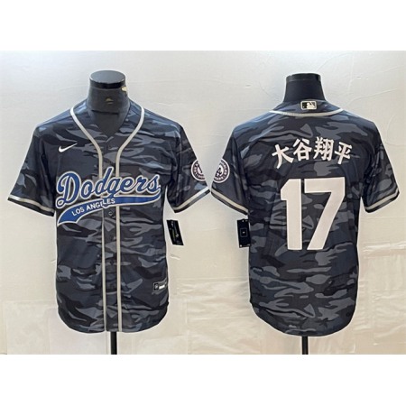 Men's Los Angeles Dodgers #17 Shohei Ohtani Grey Camo Cool Base With Patch Stitched Baseball Jersey