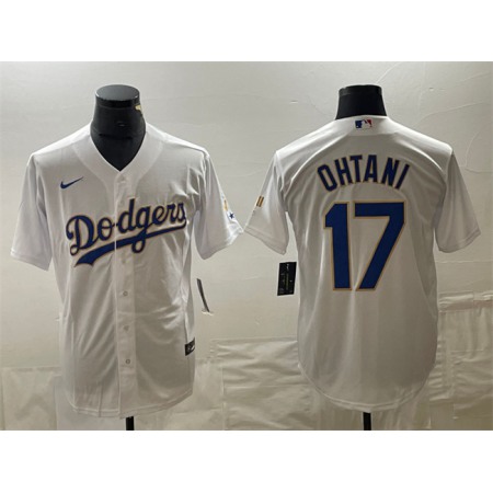 Men's Los Angeles Dodgers #17 Shohei Ohtani White/Gold Cool Base With Patch Stitched Baseball Jersey