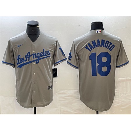 Men's Los Angeles Dodgers #18 Yoshinobu Yamamoto Grey Cool Base With Patch Stitched Baseball Jersey
