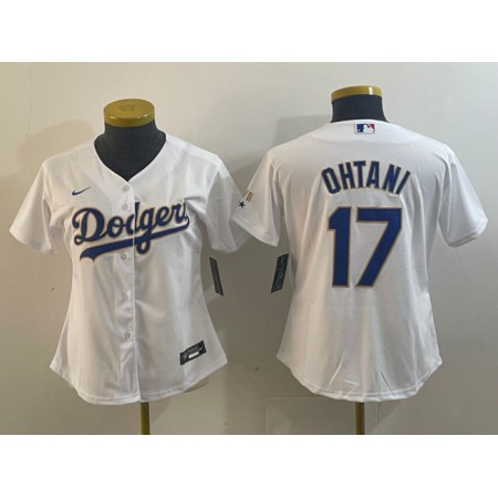 Women's Los Angeles Dodgers #17 Shohei Ohtani White/Gold Stitched Jersey(Run Small)