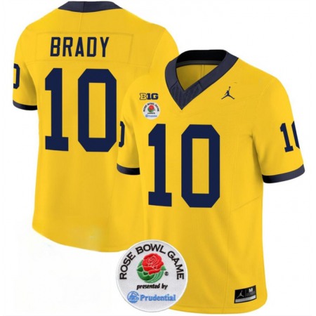 Men's Michigan Wolverines #10 Tom Brady 2023 F.U.S.E. Yellow Rose Bowl Patch Stitched Jersey