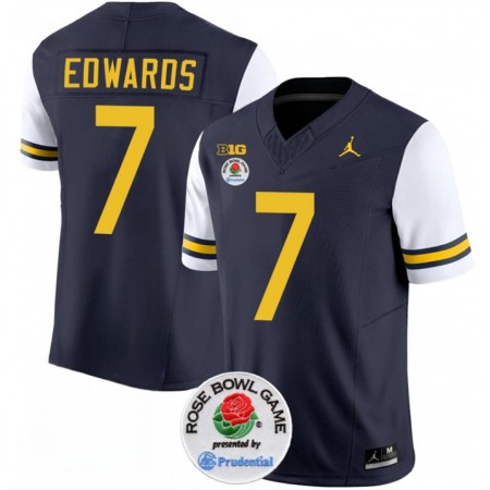 Men's Michigan Wolverines #7 Donovan Edwards 2023 F.U.S.E. Navy/White Rose Bowl Patch Stitched Jersey