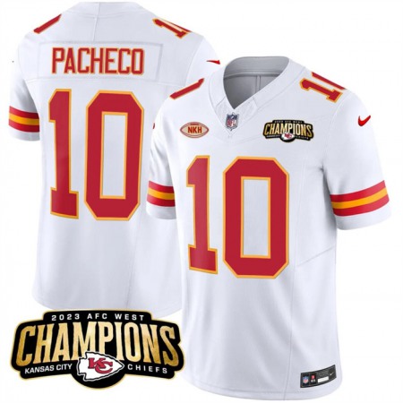 Men's Kansas City Chiefs #10 Isiah Pacheco White 2023 F.U.S.E. AFC West Champions With "NKH" Patch Vapor Untouchable Limited Stitched Jersey
