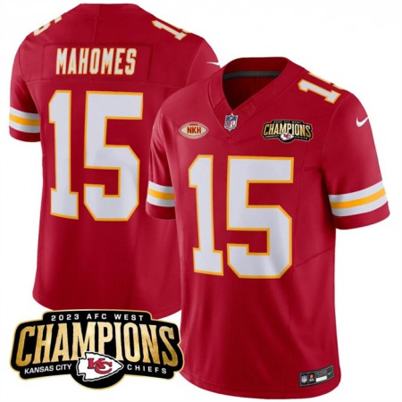 Men's Kansas City Chiefs #15 Patrick Mahomes Red 2023 F.U.S.E. AFC West Champions With "NKH" Patch Vapor Untouchable Limited Stitched Jersey