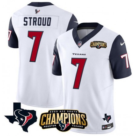 Men's Houston Texans #7 C.J. Stroud White/Navy 2023 F.U.S.E. AFC South Champions Patch And Team Logo Patch Vapor Untouchable Limited Stitched Football Jersey