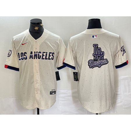 Men's Los Angeles Dodgers Team Big Logo Cream Stitched Baseball Jersey