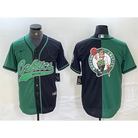 Men's Boston Celtics Team Big Logo With Patch Green/Black Split Stitched Baseball Jersey