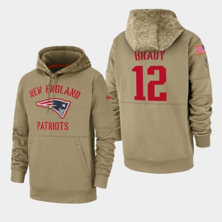 Men's New England Patriots #12 Tom Brady Tan 2019 Salute to Service Sideline Therma Pullover Hoodie