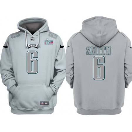 Men's Philadelphia Eagles #6 DeVonta Smith Grey Atmosphere Fashion Super Bowl LVII Patch Pullover Hoodie