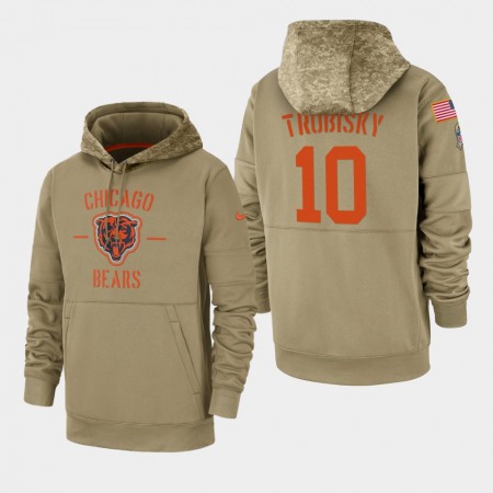 Men's Chicago Bears #10 Mitchell Trubisky Tan 2019 Salute to Service Sideline Therma Pullover Hoodie