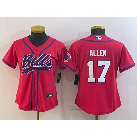 Women's Buffalo Bills #17 Josh Allen Red With Patch Cool Base Stitched Baseball Jersey(Run Small)