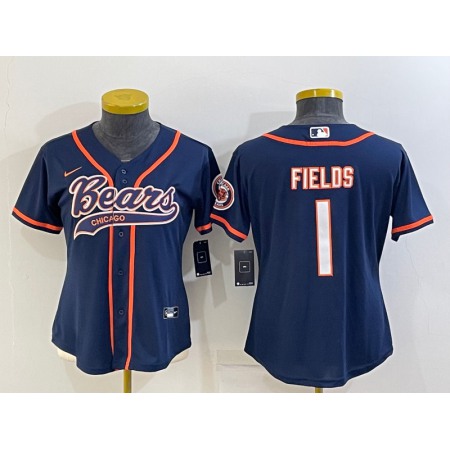 Women's Chicago Bears #1 Justin Fields Navy With Patch Cool Base Stitched Baseball Jersey(Run Small)