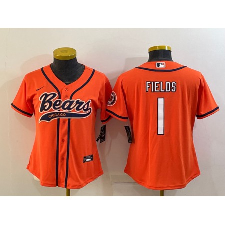Women's Chicago Bears #1 Justin Fields Orange With Patch Cool Base Stitched Baseball Jersey(Run Small)