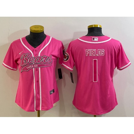 Women's Chicago Bears #1 Justin Fields Pink With Patch Cool Base Stitched Baseball Jersey(Run Small)