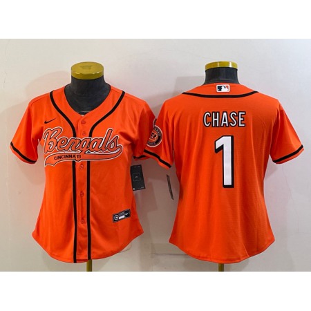 Women's Cincinnati Bengals #1 Ja'Marr Chase Orange With Patch Cool Base Stitched Baseball Jersey(Run Small)