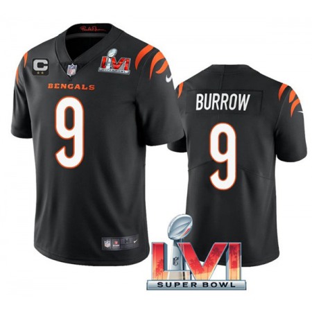 Women's Cincinnati Bengals #9 Joe Burrow 2022 Black With C Patch Super Bowl LVI Vapor Limited Stitched Jersey(Run Small)