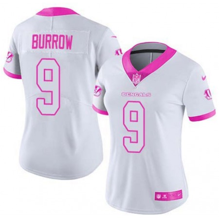 Women's Cincinnati Bengals #9 Joe Burrow White And Pink Vapor Stitched Jersey(Run Small)