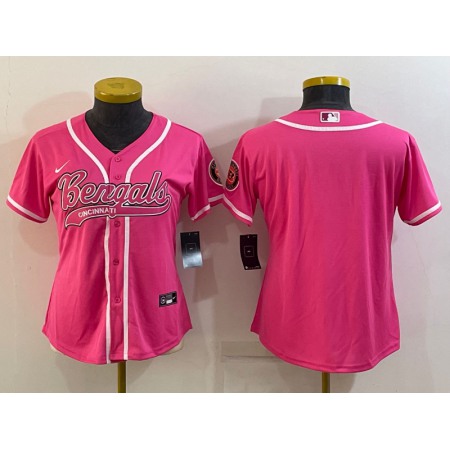 Women's Cincinnati Bengals Blank Pink With Patch Cool Base Stitched Baseball Jersey(Run Small)