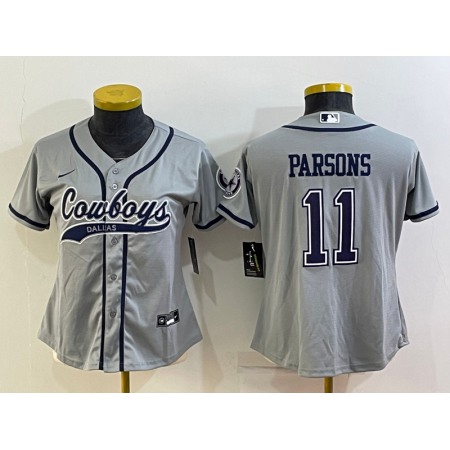 Women's Dallas Cowboys #11 Micah Parsons Grey With Patch Cool Base Stitched Baseball Jersey(Run Small)