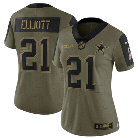 Women's Dallas Cowboys #21 Ezekiel Elliott 2021 Olive Salute To Service Limited Stitched Jersey