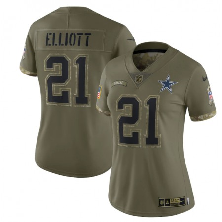 Women's Dallas Cowboys #21 Ezekiel Elliott 2022 Olive Salute To Service Limited Stitched Jersey(Run Small)