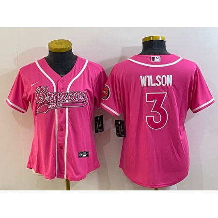 Women's Denver Broncos #3 Russell Wilson Pink With Patch Cool Base Stitched Baseball Jersey(Run Small)