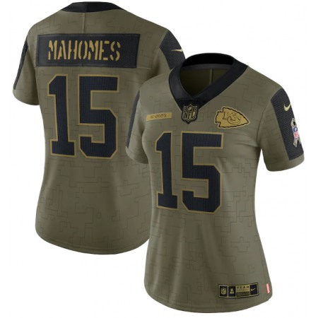 Women's Kansas City Chiefs #15 Patrick Mahomes 2021 Olive Salute To Service Limited Stitched Jersey(Run Small)