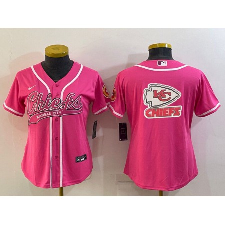 Women's Kansas City Chiefs Pink Team Big Logo With Patch Cool Base Stitched Baseball Jersey(Run Small)