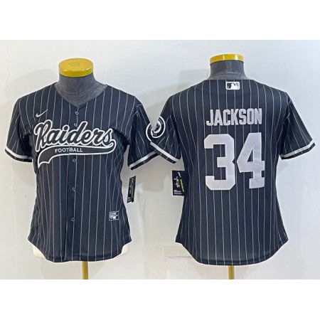 Women's Las Vegas Raiders #34 Bo Jackson Black With Patch Cool Base Stitched Baseball Jersey(Run Small)