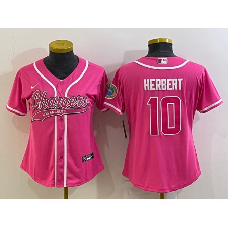 Women's Los Angeles Chargers #10 Justin Herbert Pink With Patch Cool Base Stitched Baseball Jersey(Run Small)