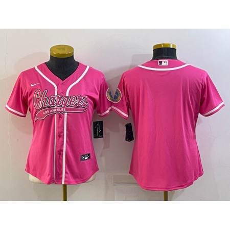 Women's Los Angeles Chargers Blank Pink With Patch Cool Base Stitched Baseball Jersey(Run Small)