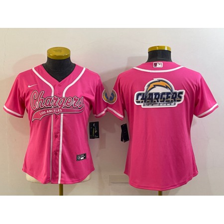 Women's Los Angeles Chargers Pink Team Big Logo With Patch Cool Base Stitched Baseball Jersey(Run Small)