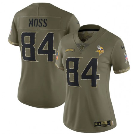 Women's Minnesota Vikings #84 Randy Moss 2022 Olive Salute To Service Limited Stitched Jersey(Run Small)
