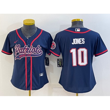 Women's New England Patriots #10 Mac Jones Navy With Patch Cool Base Stitched Baseball Jersey(Run Small)